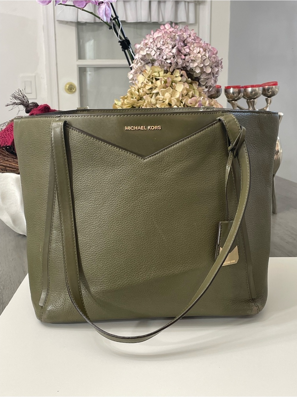 Michael Kors Olive Green Pebbled Leather Tote with Gold Logo